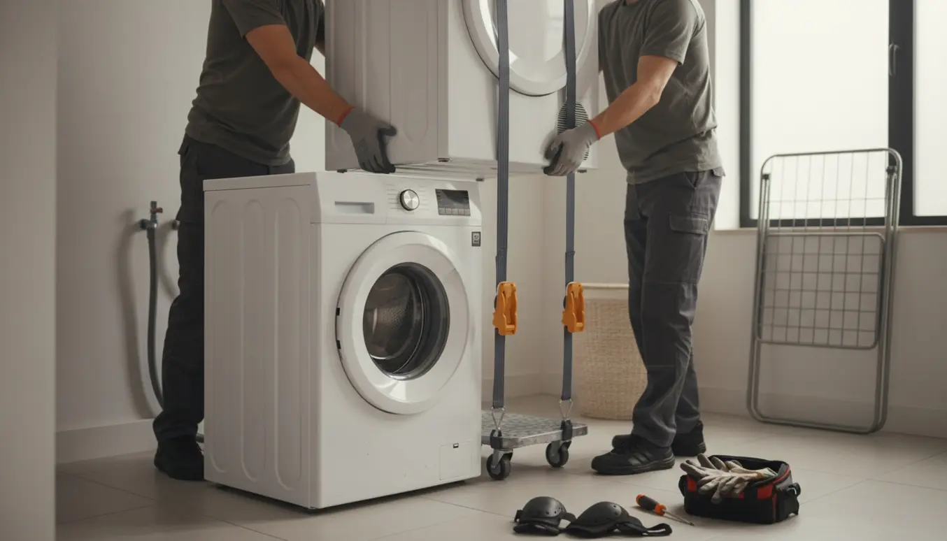 To personer løfter forsigtigt en tørretumbler ned fra en vaskemaskine i et lyst, ryddeligt vaskerum med flytteudstyr.
