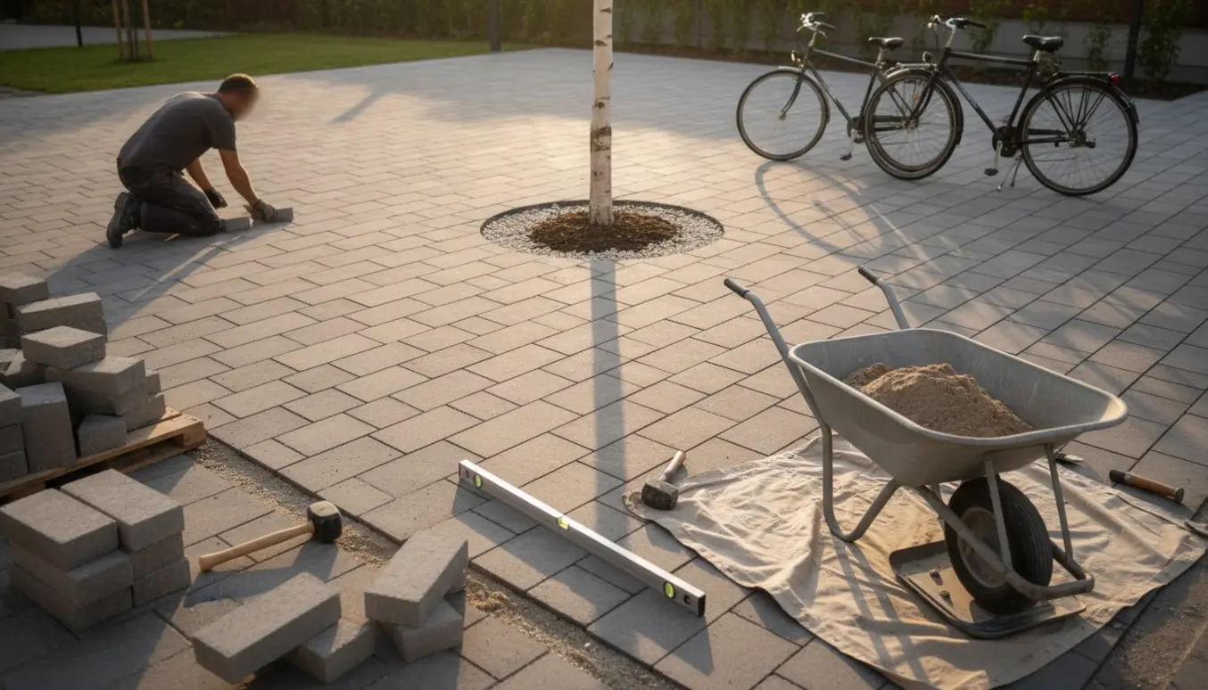 Nylagte fliser rundt om et birketræ med værktøj og parkerede cykler i blødt eftermiddagslys.