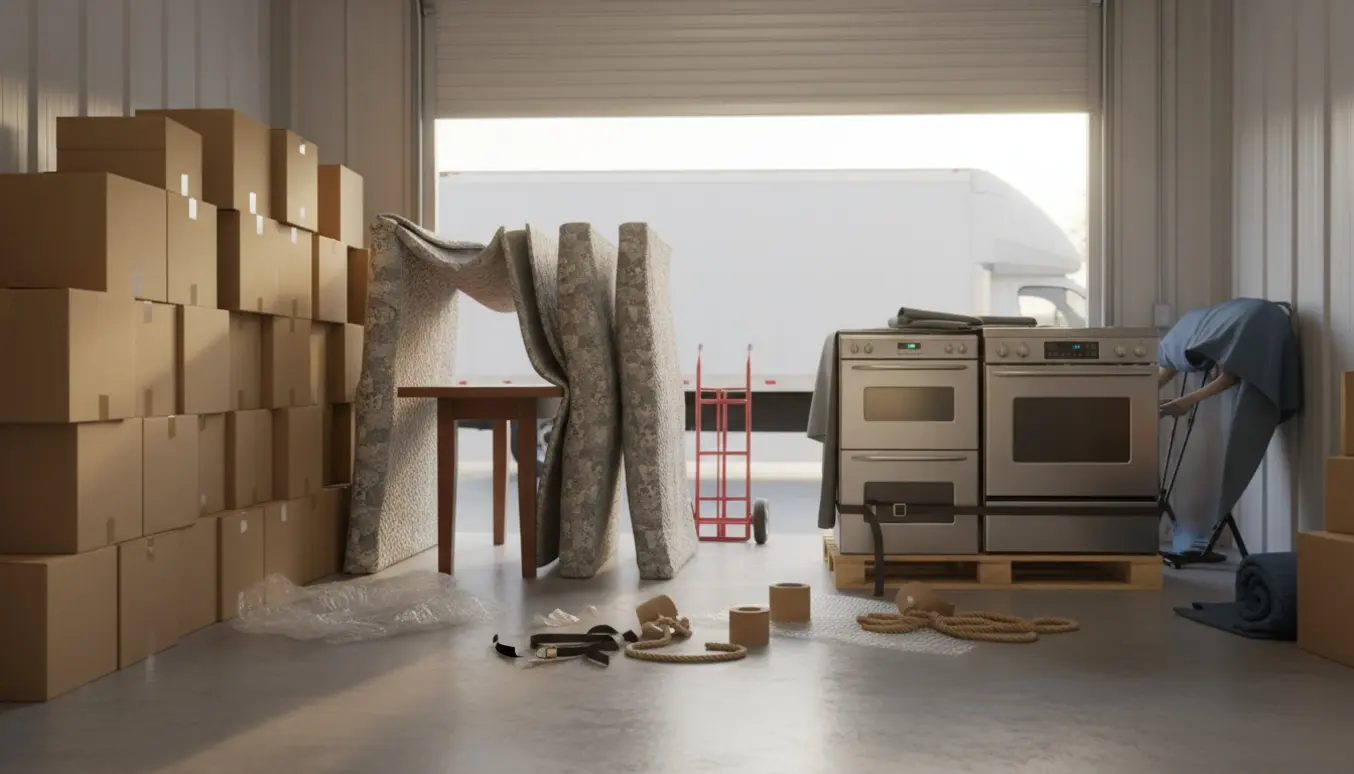 Stabler af flyttekasser, indpakkede borde og ovne i et opbevaringsrum med en flyttevogn udenfor.