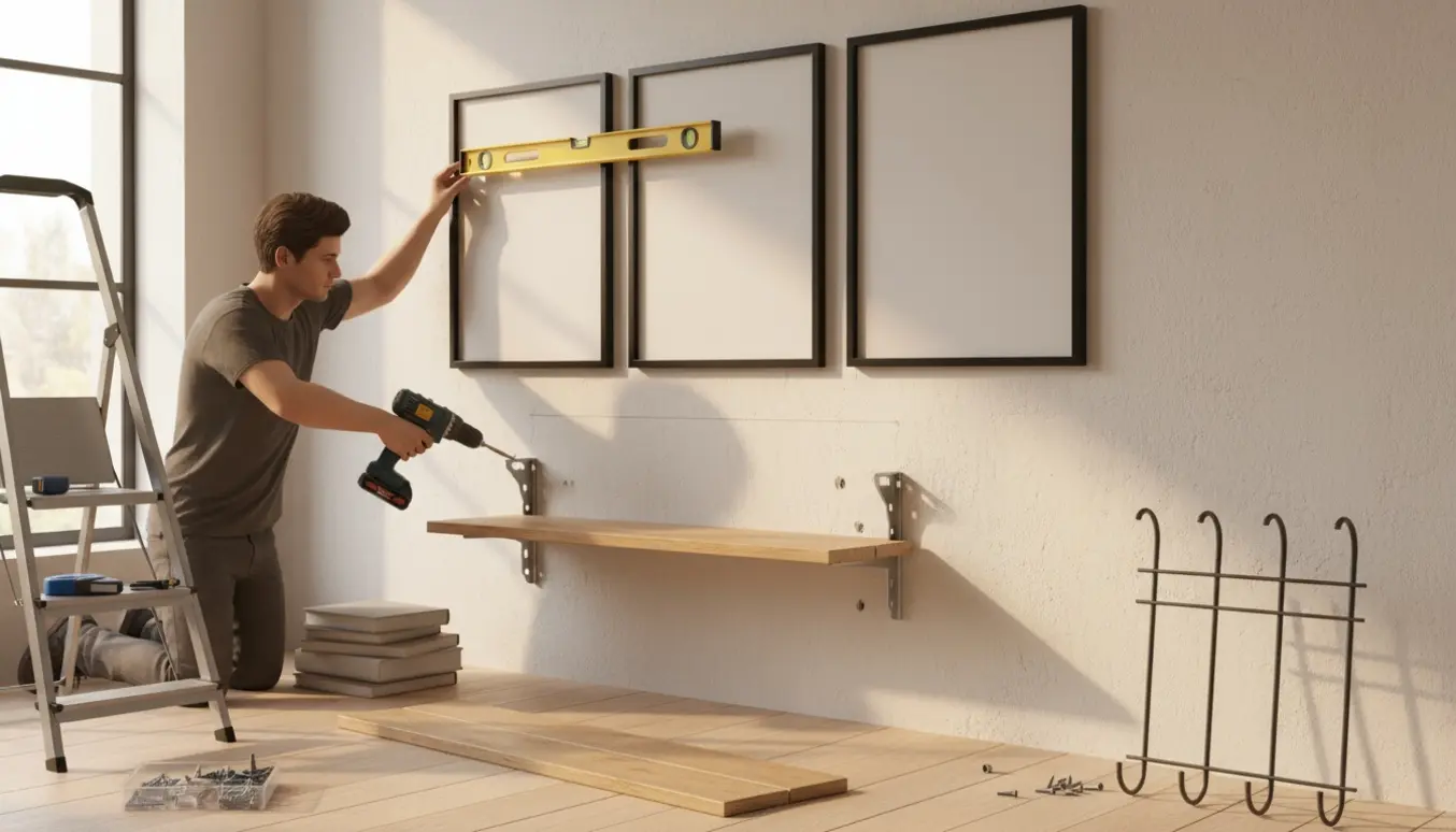 Nogen hænger plakater, monterer en boghylde og fæstner en knagerække på en væg i en lys stue.