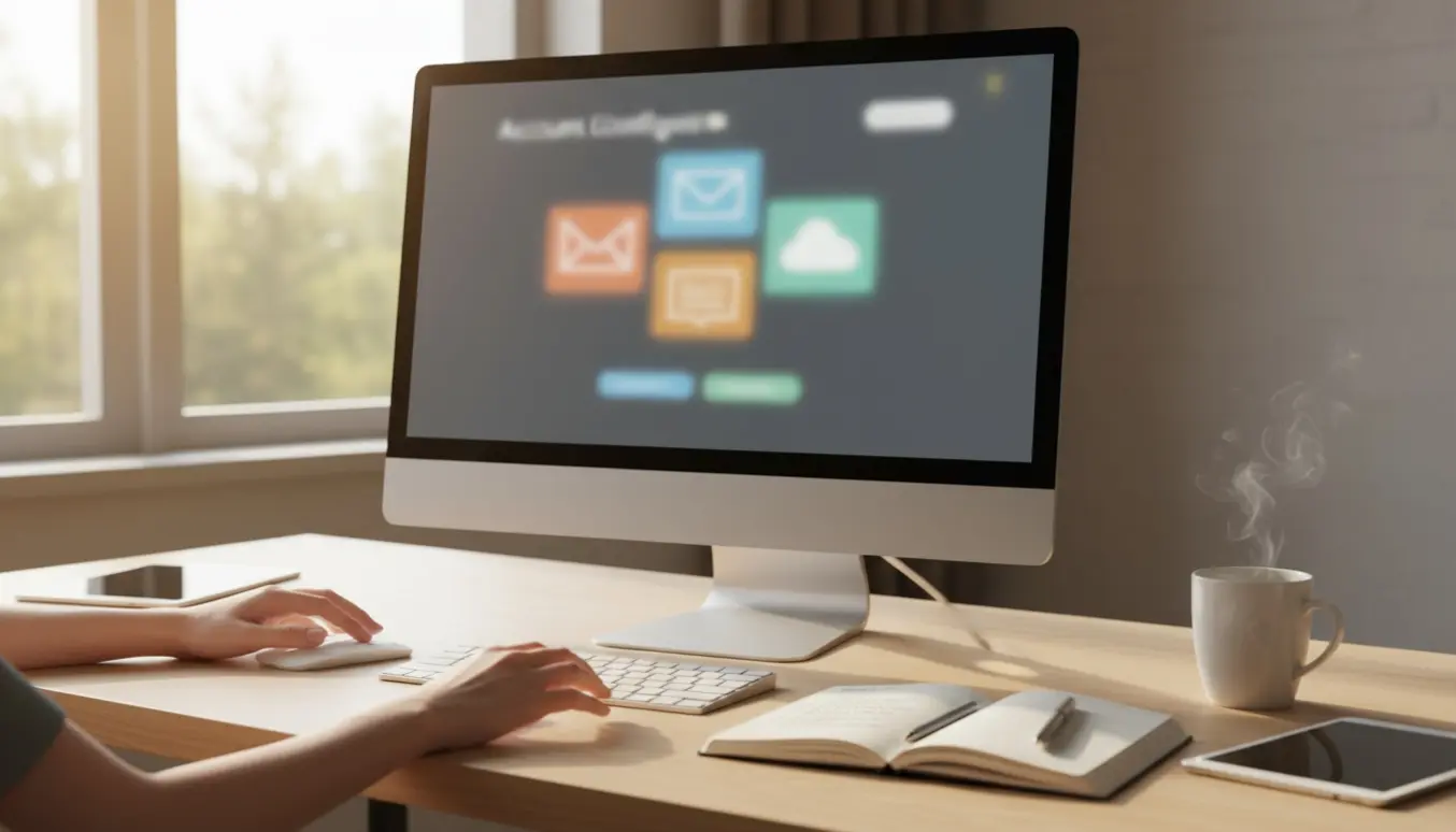 Hænder ved en iMac-lignende computer, opsætning af mail og konto med telefon, notesblok og kaffekop på skrivebordet.