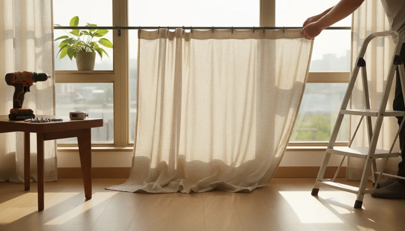 Hænder hænger et linnedgardin op på en stang over et solbeskinnet vindue i et lyst værelse.