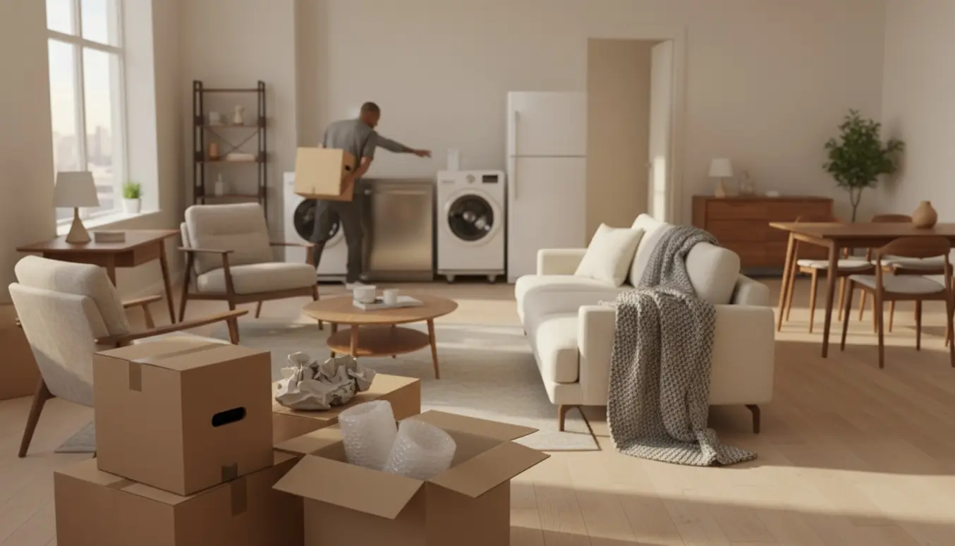 Lyse rum med møbler, stabler af flyttekasser og store hvidevarer klar til flytning.