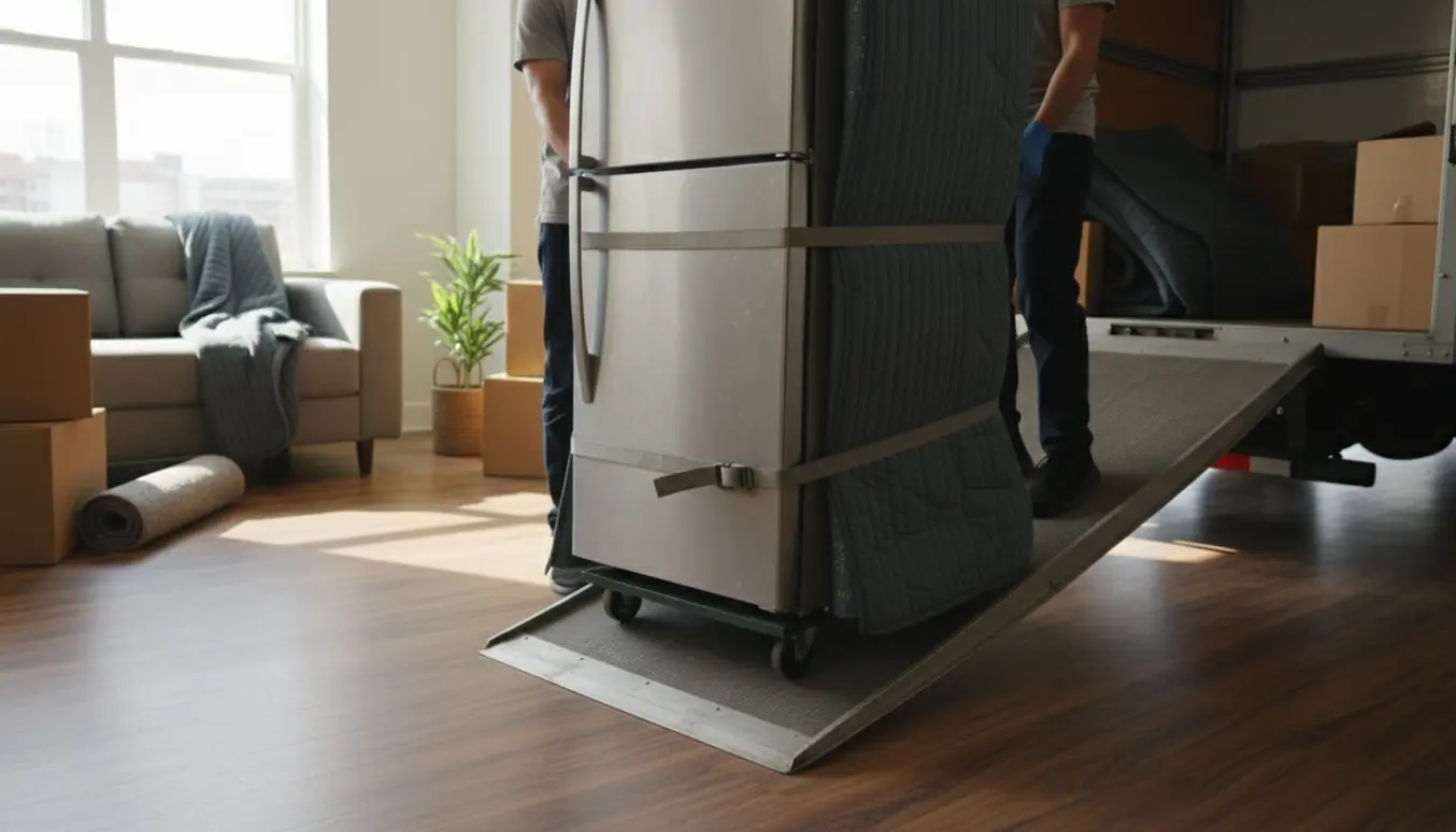 Et køleskab på en flyttedolly bæres fra en lys lejlighed ud på en åben flyttevogn, to personer håndterer det med tæpper og stropper.