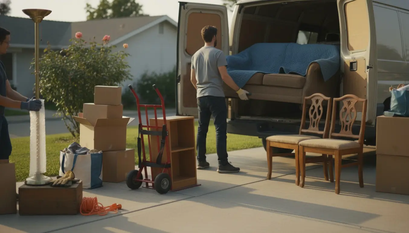 Frivillige læsser brugte møbler og kasser i en varevogn på en indkørsel.