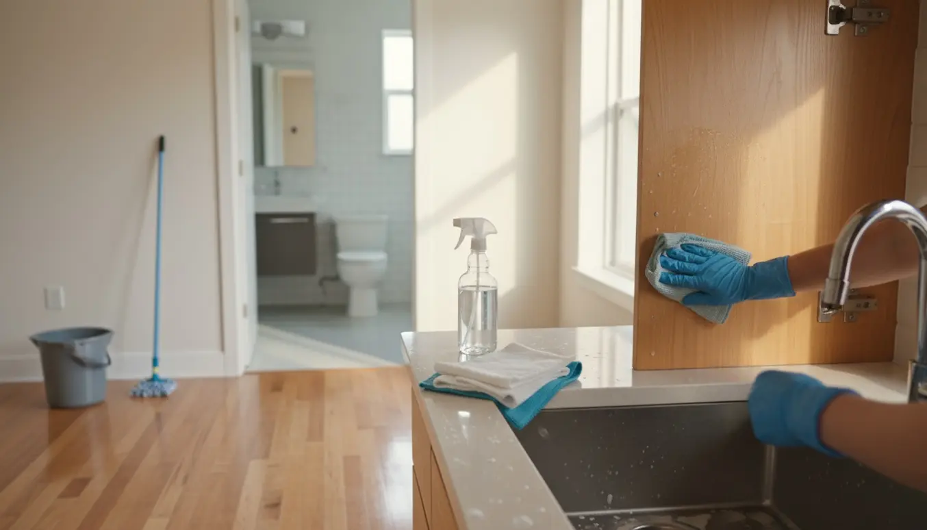 Nærbillede af flytterengøring i et tomt hus med handsker, spand, moppe og rene skabe.