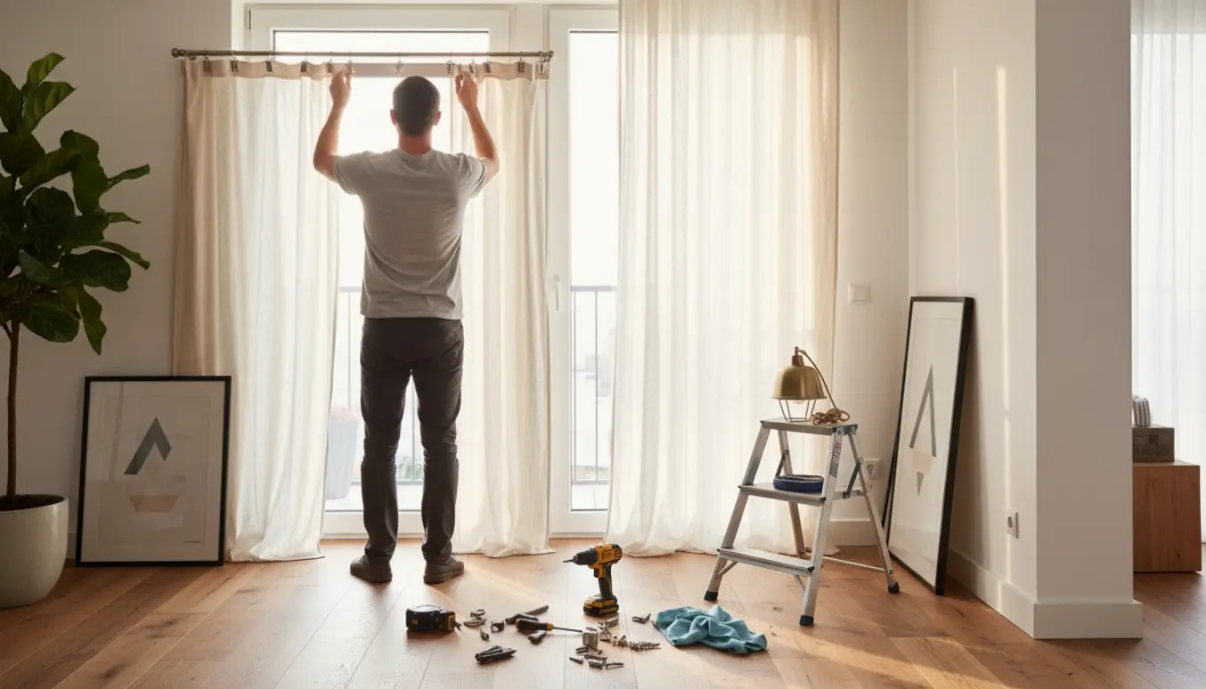Håndværker monterer gardiner ved to altandøre, hænger billeder op og forbereder en lampeinstallation.