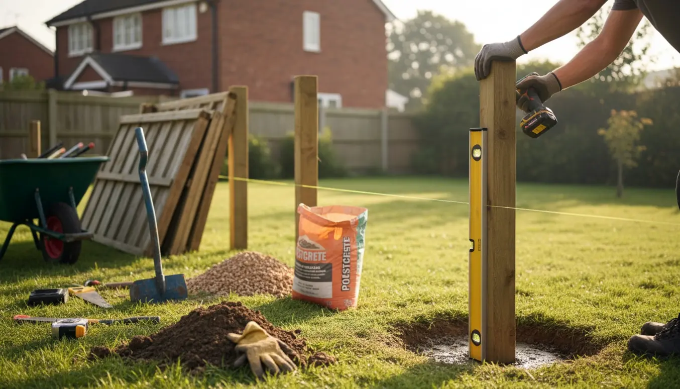 Nyt træhegn sættes op i en have med stolper i beton og værktøj i forgrunden.