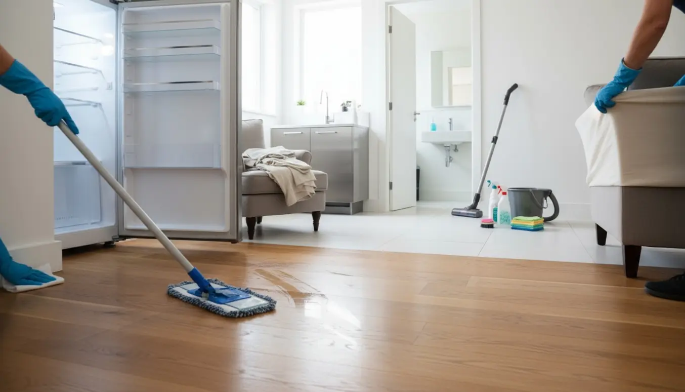 Lyst, moderne hjem under grundig rengøring med moppe, klude og åbent køleskab.