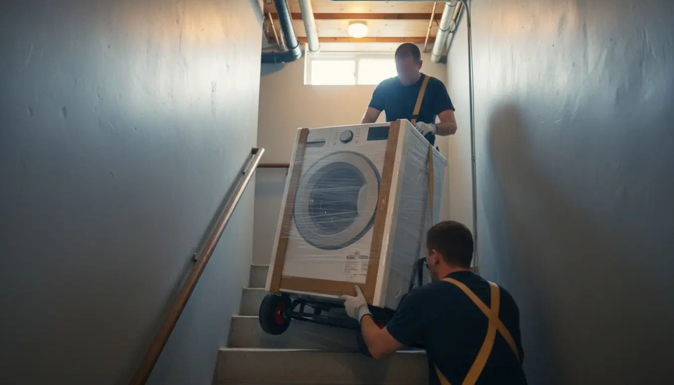 To flyttemænd løfter en indpakket vaskemaskine ned ad en kældertrappe.