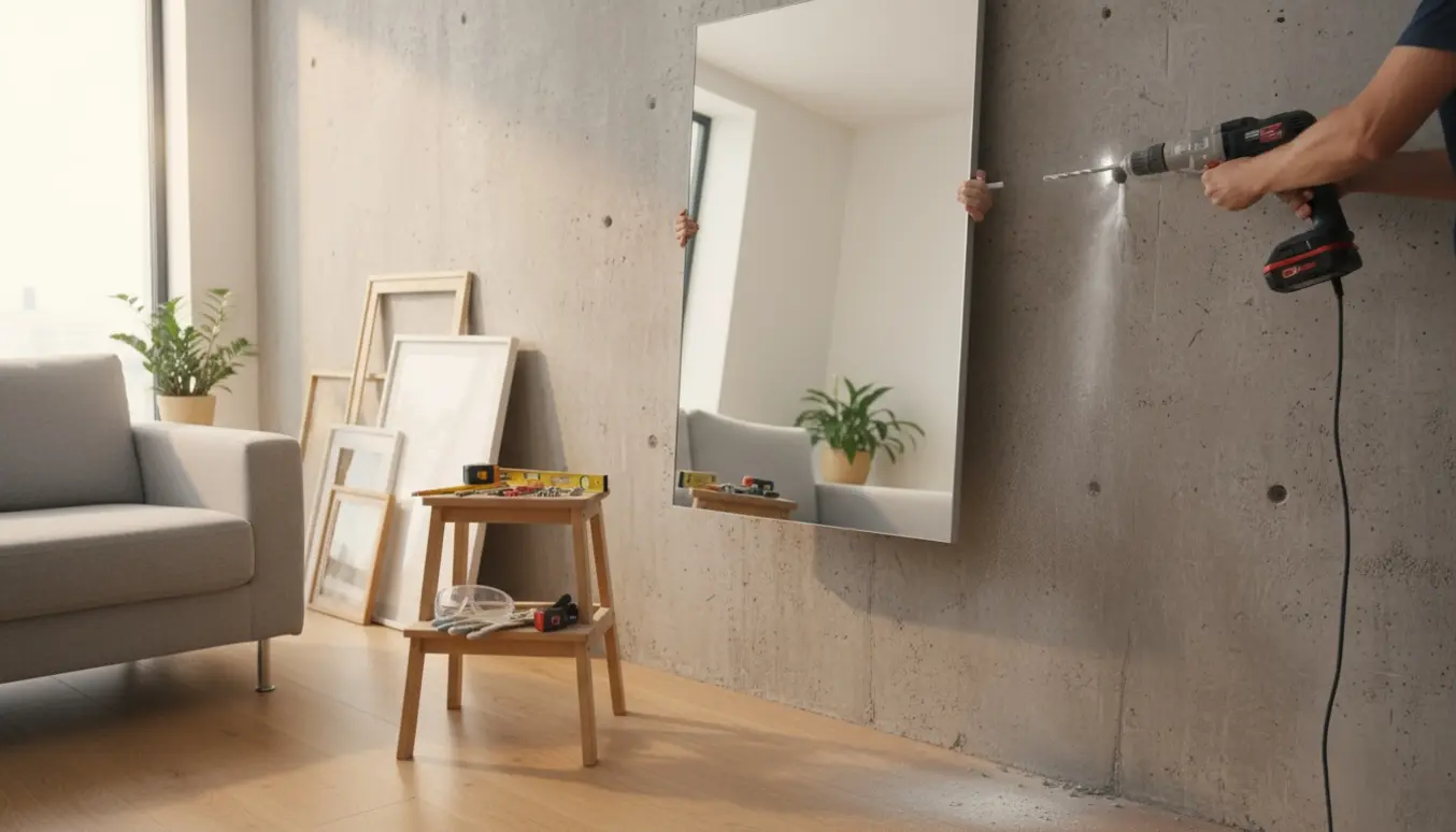 Hænder borer i en betonvæg for at hænge et stort spejl og otte til ti billeder, med værktøj og rammer klart ved siden af.