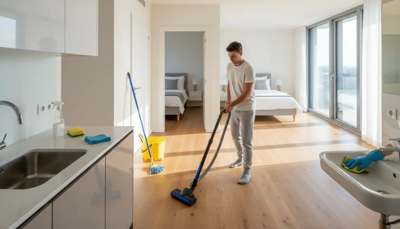 Lys moderne lejlighed under rengøring med støvsuger, moppe og rengøringsudstyr synligt.