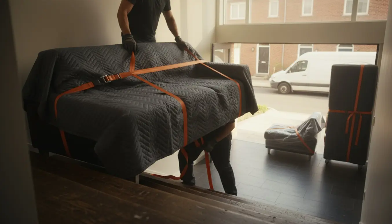 Flyttefolk bærer en tung, indpakket sovesofa med chaiselong ned ad en opgang, mens indpakkede møbler venter udenfor.