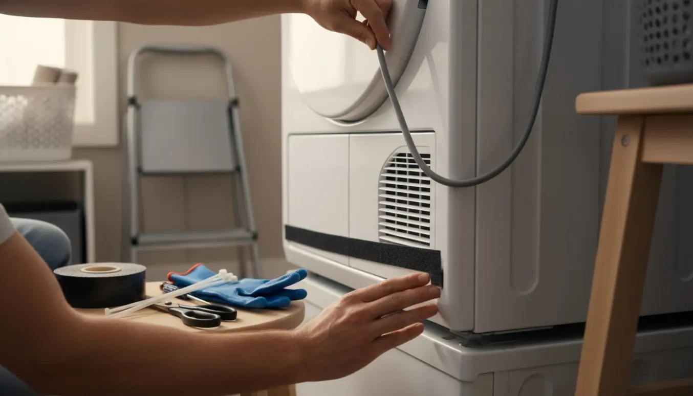 Hænder monterer ny selvklæbende Velcro under en tørretumbler, mens ledningen fiskes op til stikket.