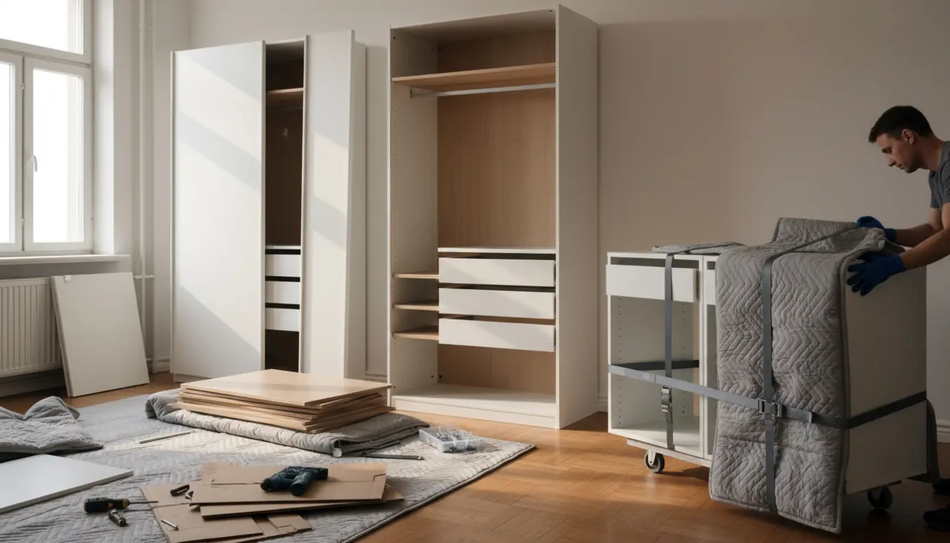 To PAX-garderober og flere køkkenmoduler er delvist adskilt og pakket til flytning i et lyst rum.