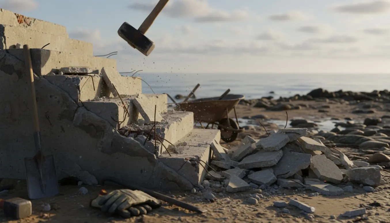 Håndnedbrudt fire-trins betonstrappe ved kysten med slegge og bunker af brudte betonstykker.