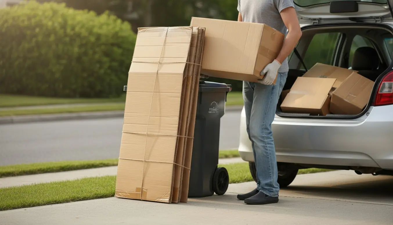 Sammenbundet fladtrykt pap ved fortovet, en person løfter en kasse set uden ansigt.