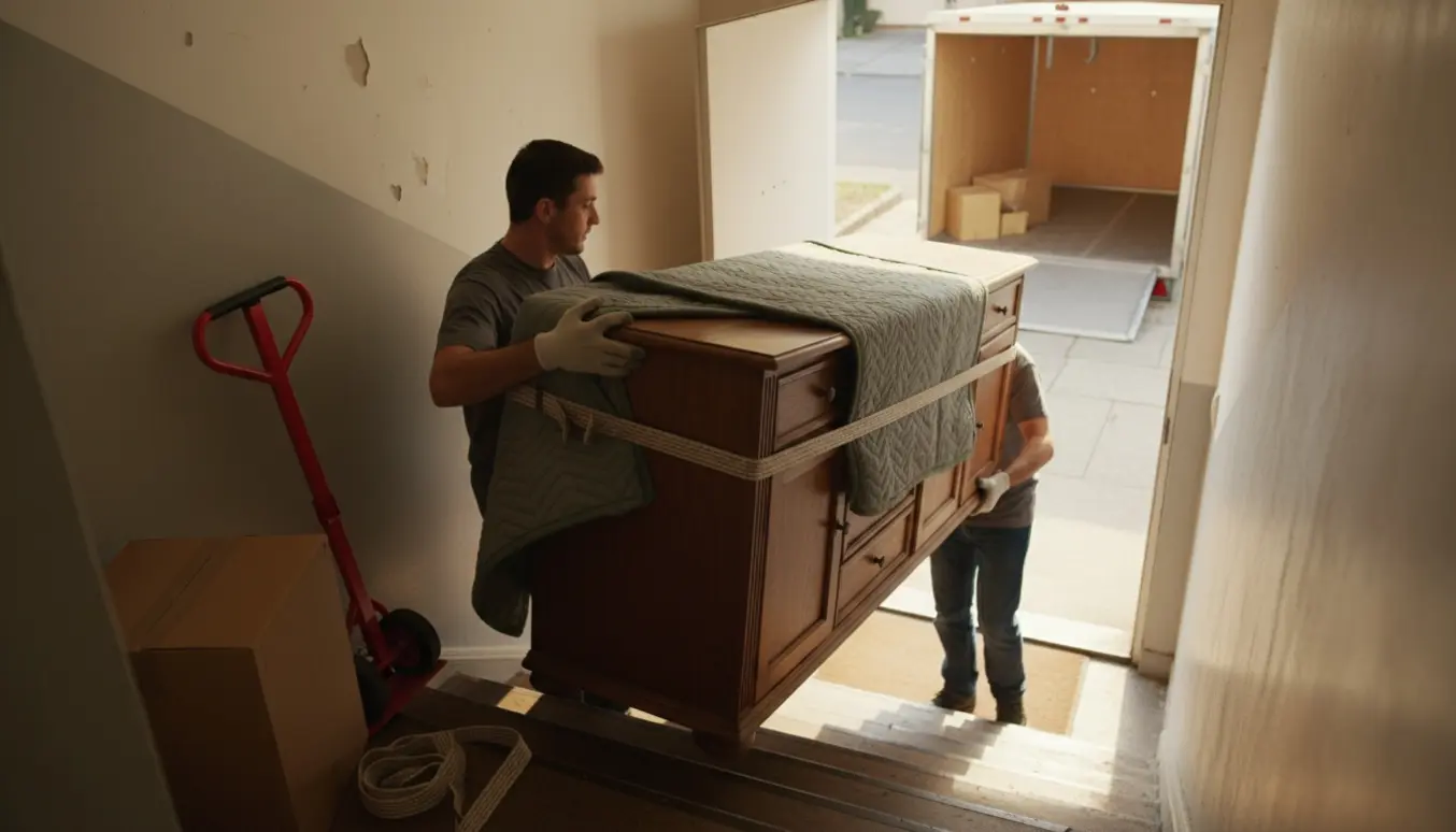 To flyttefolk bærer en skænk ned ad trappen mod en åben trailer med flyttekasser.