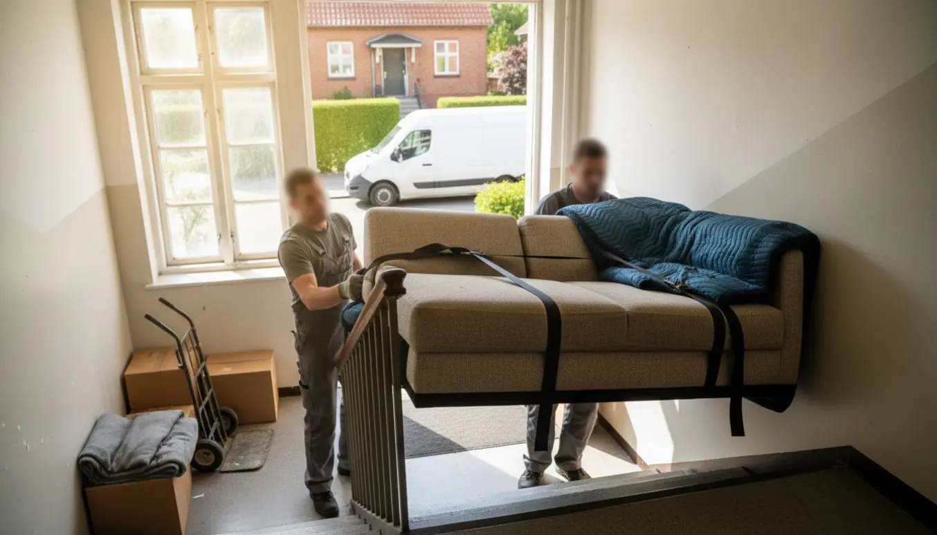 To flyttefolk bærer en sovesofa ned ad en opgang mens en hvid flyttebil venter udenfor ved en villa.