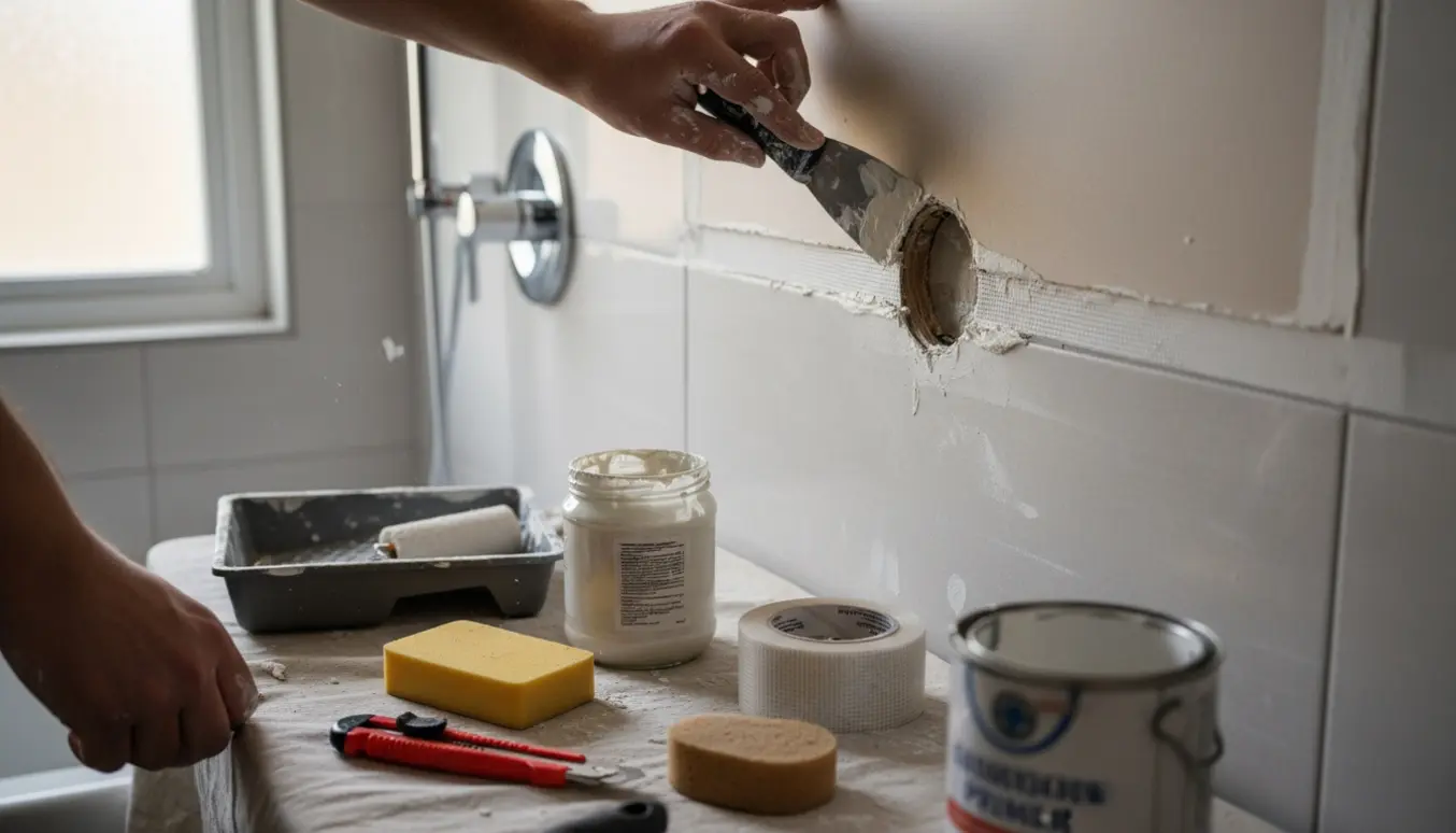 Reparation af hul i gipsvæg i en badeværelsesafdækningskasse med spartel og gipsplade.