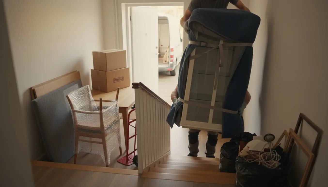 Et vitskab pakkes og bæres ned ad en trappe med flyttekasser, bordplade og indpakkede stole klar til transport.