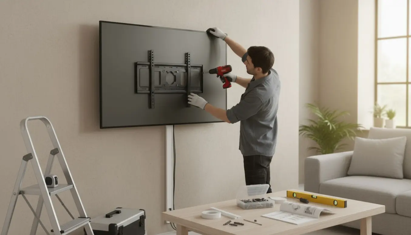 Hænger et stort fladskærms-tv op på væggen og skjuler kabler i en kabelkanal.