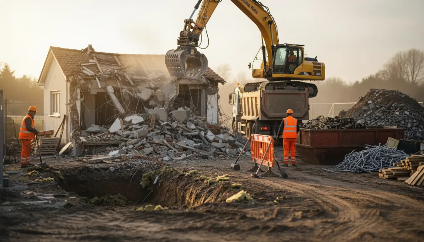 Nedrivning af parcelhus med gravemaskine, knust fundament og containere til byggeaffald.