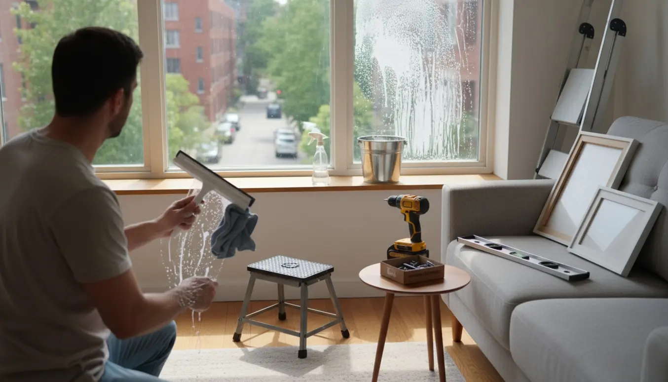 Person pudser vindue indefra i en 2.-sals lejlighed med rengørings- og ophængningsværktøj i baggrunden.