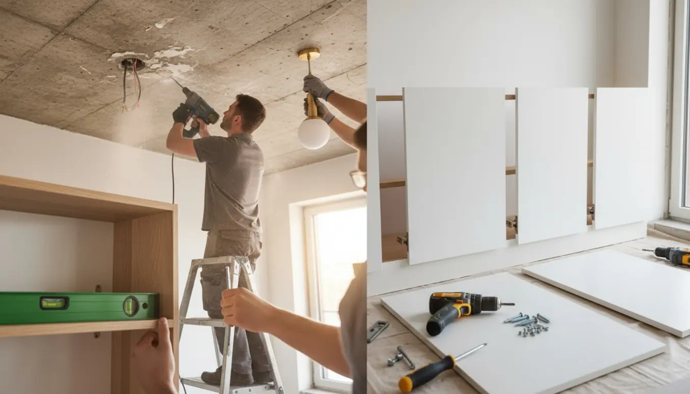 Håndværker på stige borer i betonloft for at udskifte lampe, mens hylde og skabslåger bliver forberedt.