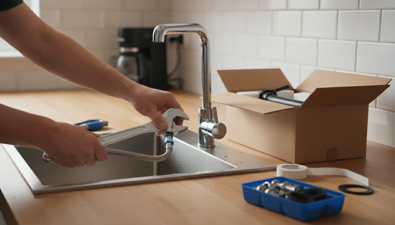 Hænder, der skifter et nyt køkkenarmatur ved en rustfri vask med værktøj og reservedele på bordet.
