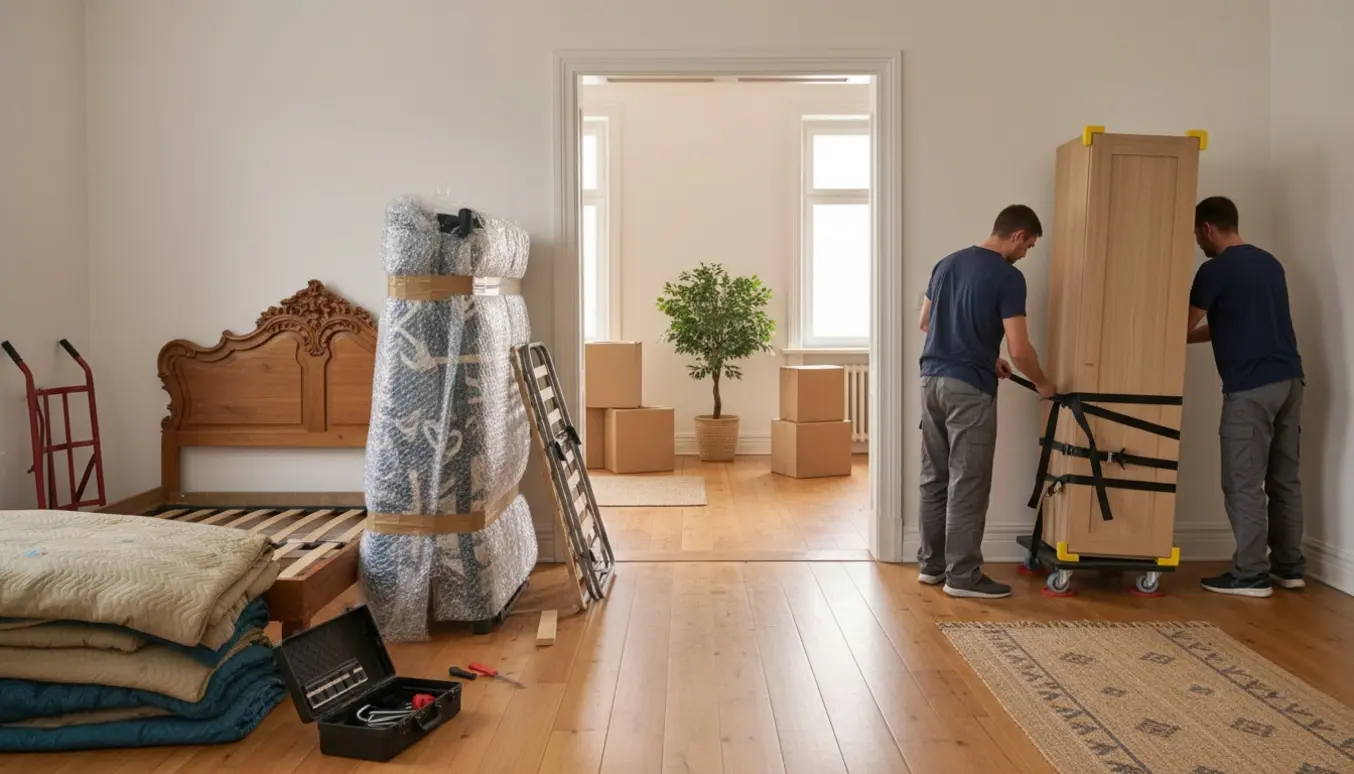 Flytteudstyr og møbler i et soveværelse under omrokering af seng og skabe.