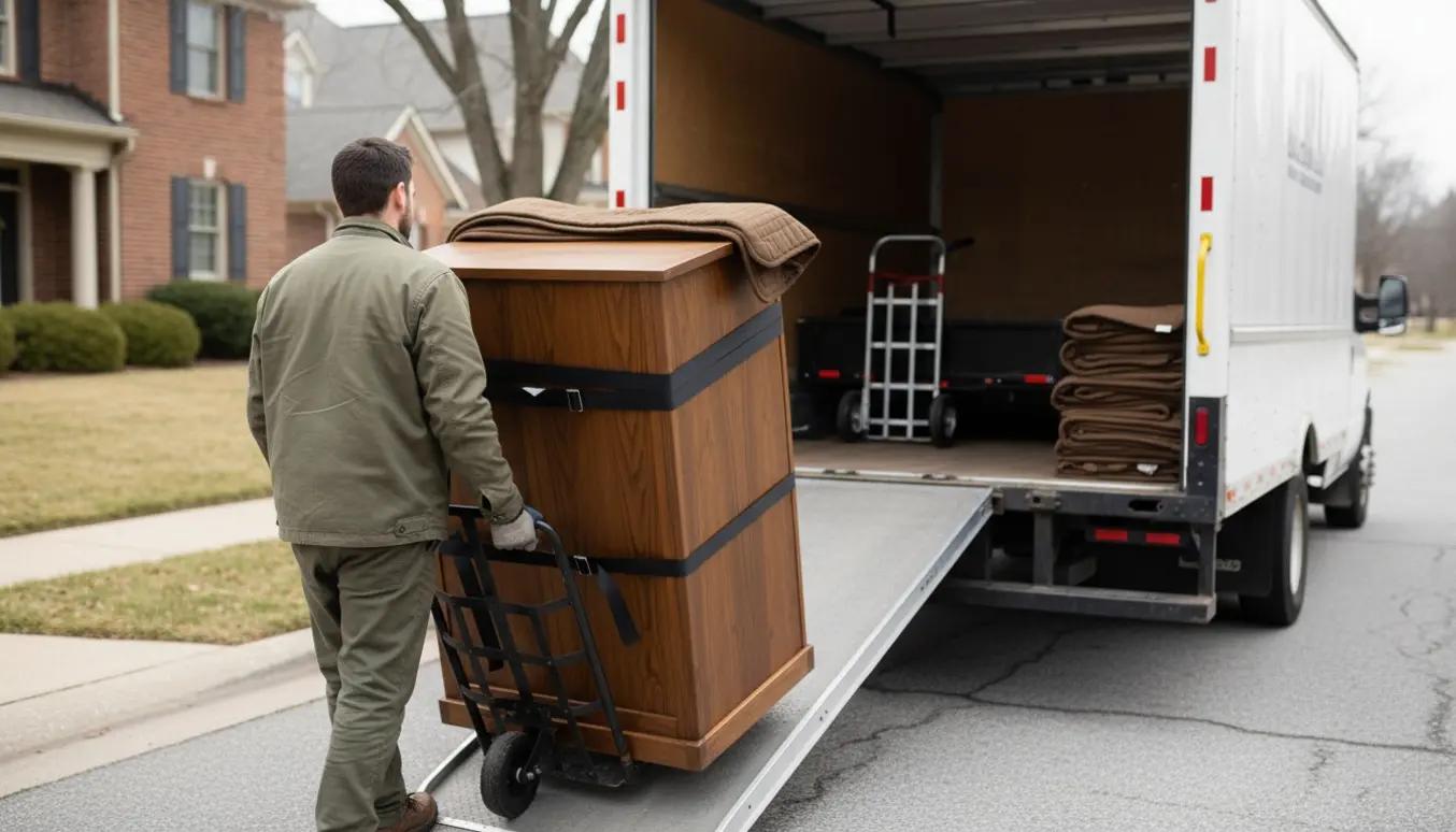 En flyttemand læsser et tungt træskab ind i en varevogn med flyttetæpper og sækkevogn.