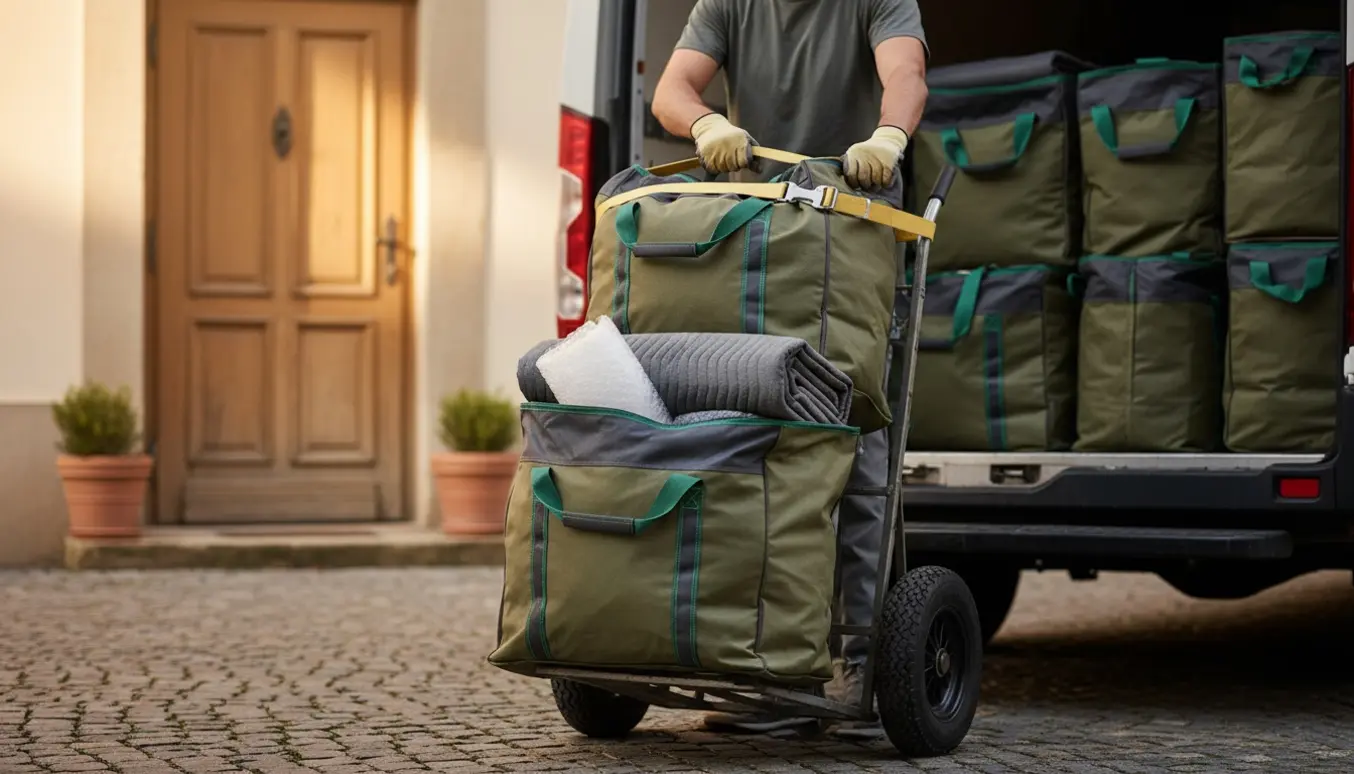 Ti robuste genanvendelige flytteposer på en flyttevogn foran en åben, ubrandet flyttebil, klar til transport.