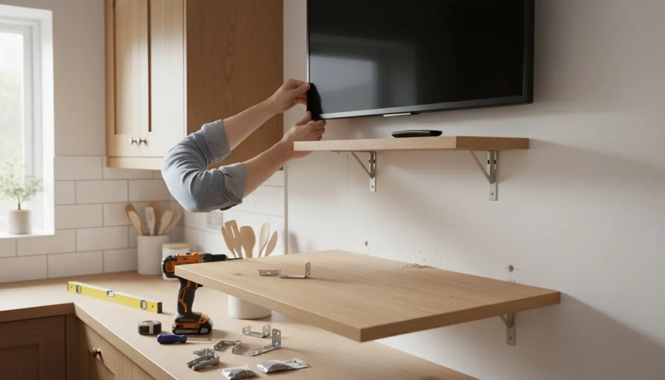 Hænder monterer et væghængt lille bord, en hylde og et fjernsyn i et lyst køkken.