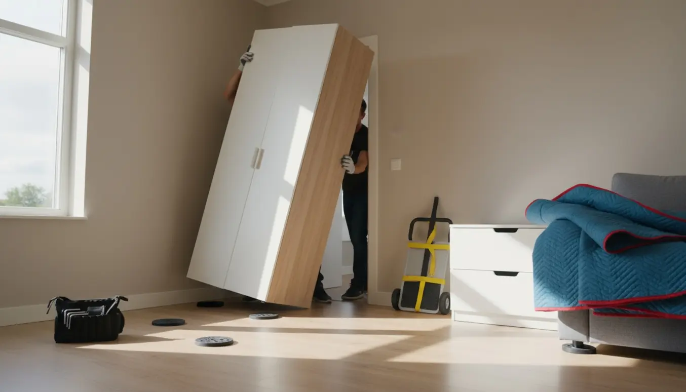 To personer tipper og bærer et højt garderobeskab gennem en døråbning, ansigter ikke synlige.