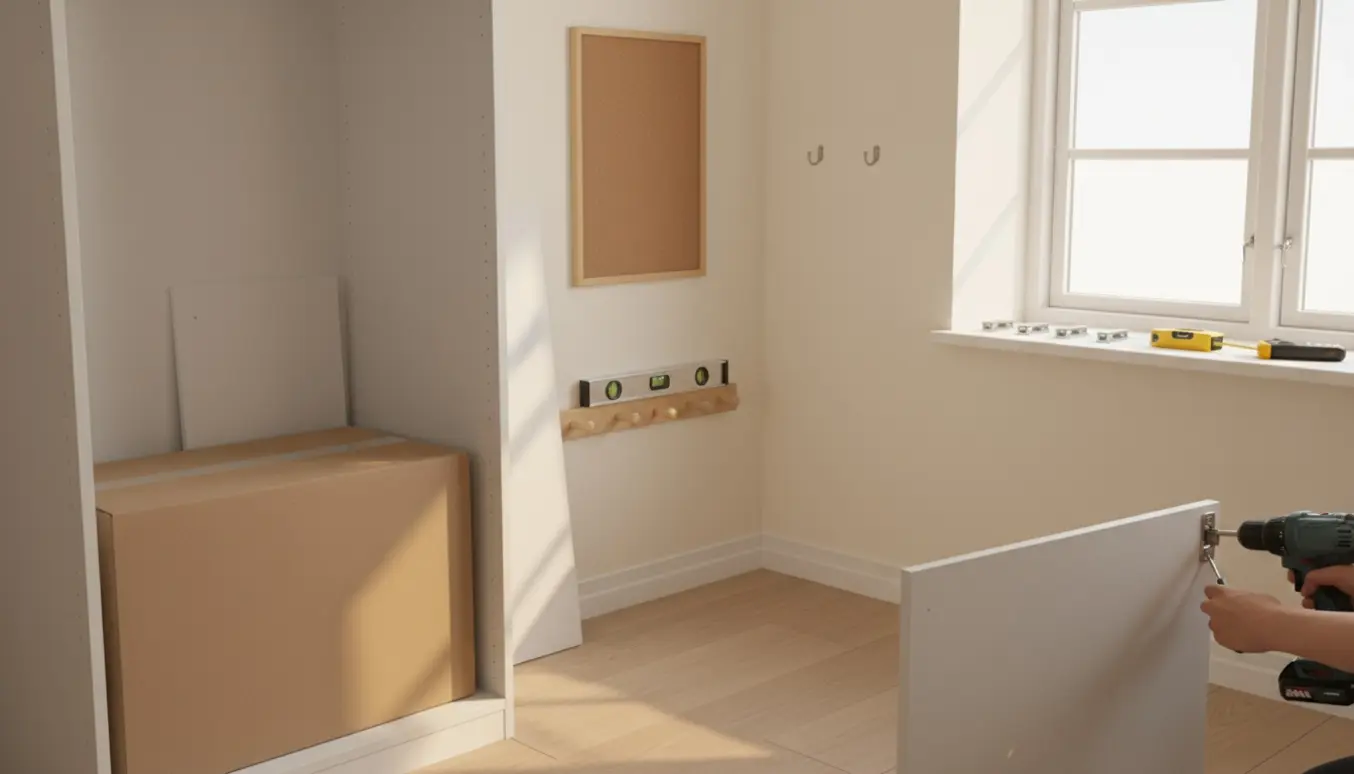 Delvist samlet IKEA Pax-garderobe med værktøj og hænder, der monterer beslag, kroge, opslagstavle og knagerække.