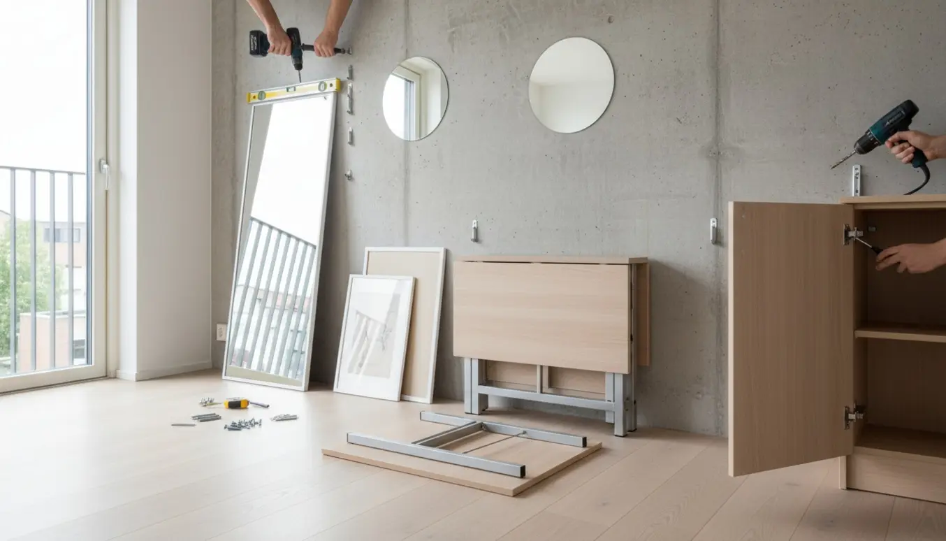 Håndværker monterer et 150 cm spejl og et lille spejl på en betonvæg med foldebord, billedrammer og justering af en skæv skabslåge.