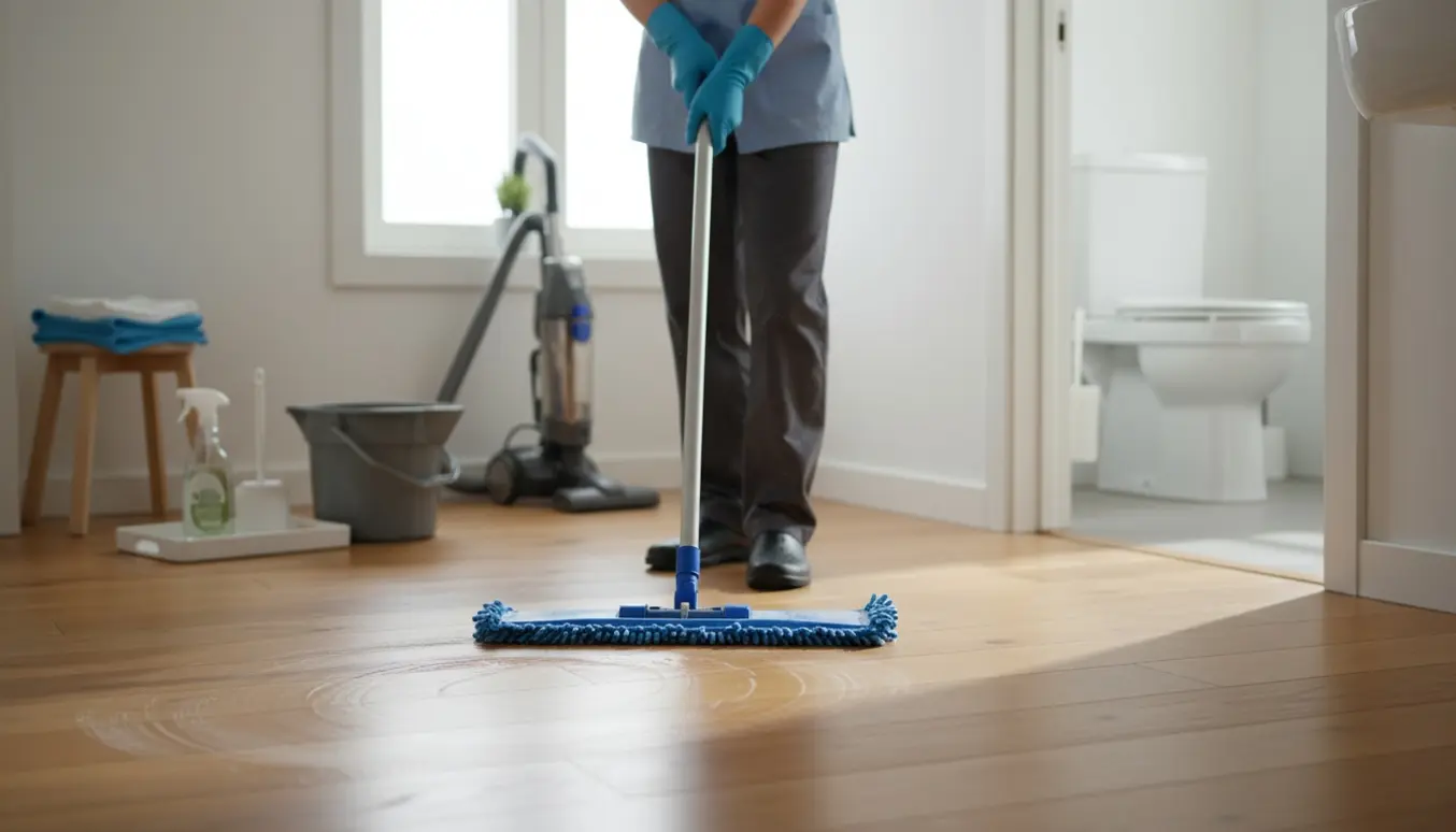 Solbeskinnet, åbent hjem under rengøring med gulvvask, aftørring af støv og rene toiletter.