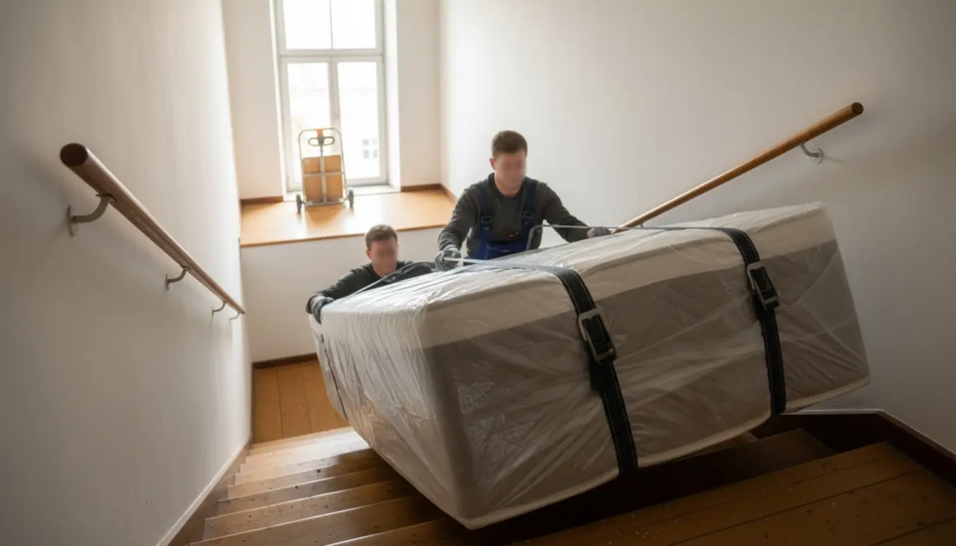 To flyttefolk bærer en indpakket boksmadras op ad en smal trappe i en lejlighed, mens ejeren ikke hjælper.