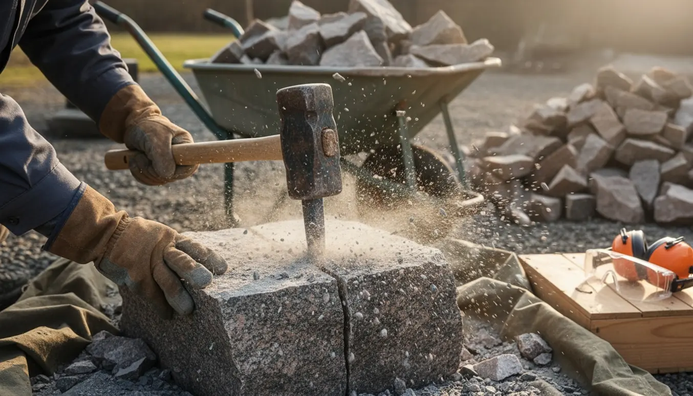 Nærbillede af handsker og værktøj, der slår en granitsten i stykker med flis og støv på en presenning.
