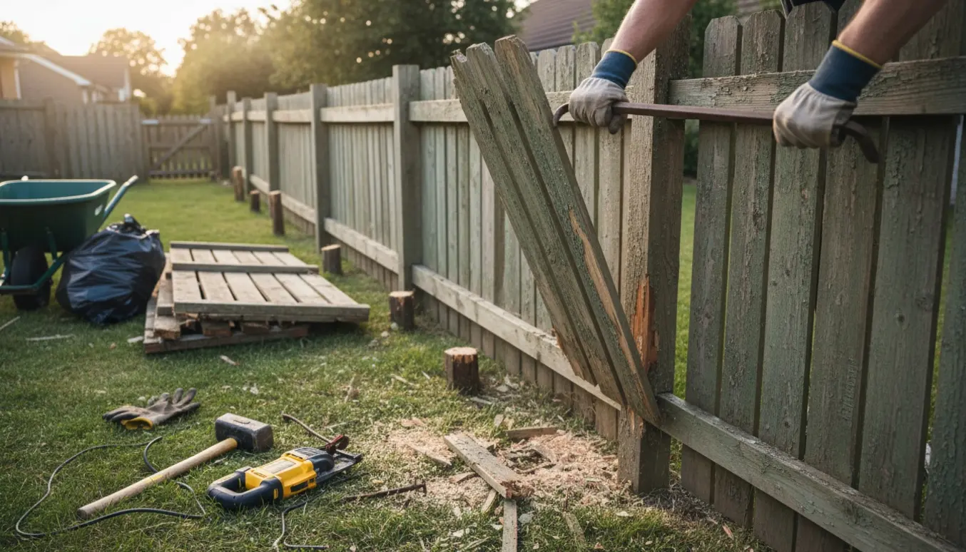 Nedtagning af et slidt træhegn i en have med værktøj, stablede brædder og en bevaret indgangslåge i baggrunden.