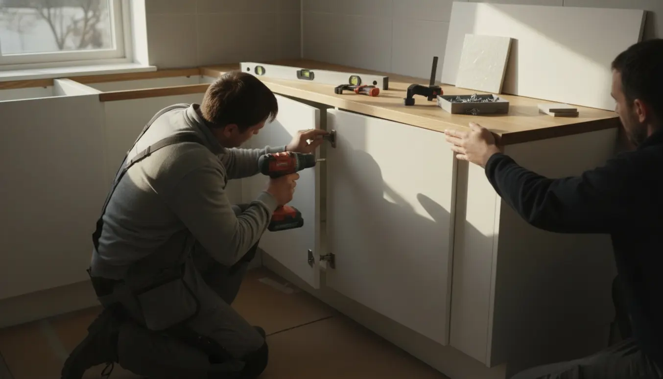 Montage af et samlet IKEA-køkken i et lyst L-formet køkken, hænder arbejder med værktøj uden synlige ansigter.