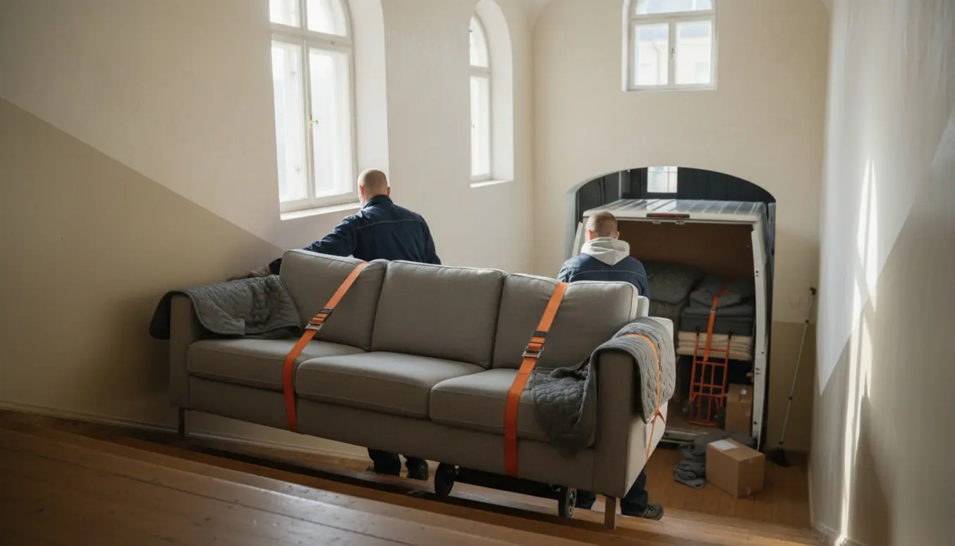 To mænd bærer en trepersoners sofa dækket af flyttetæpper op ad en trappe mod en åben flyttevogn.
