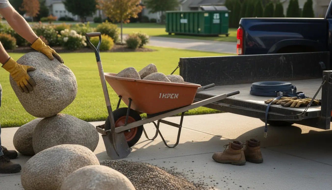 Store sten læsses på en trailer ved indkørsel, klar til at blive kørt på genbrugen.