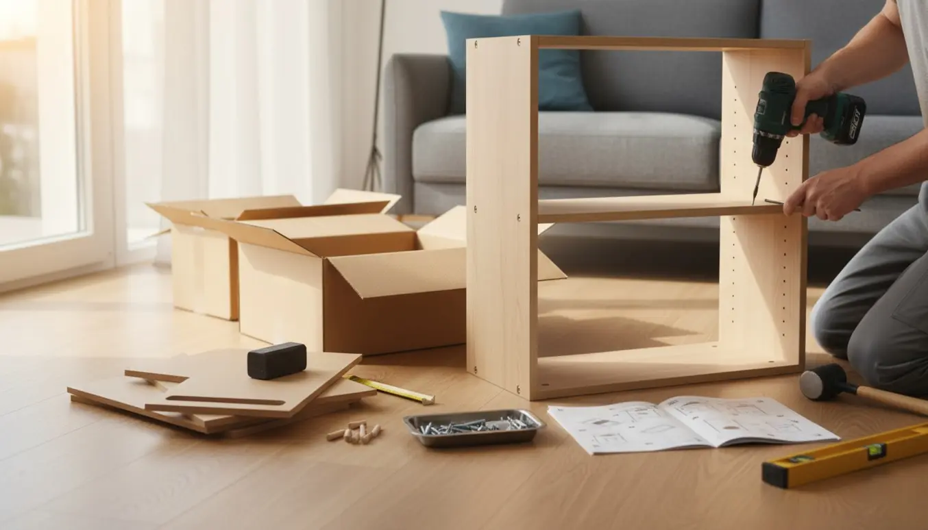 Handyman samler fladpakket møbel i en lys stue med værktøj og ubrandede paneler.