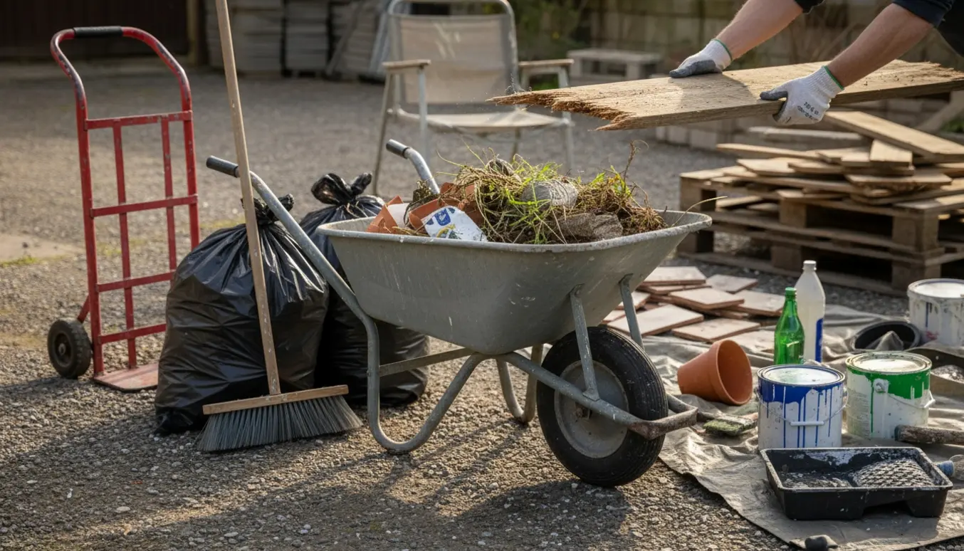 Baghaveoprydning med fliser, malerbøtter, træbrædder og en trillebør fyldt med affald.