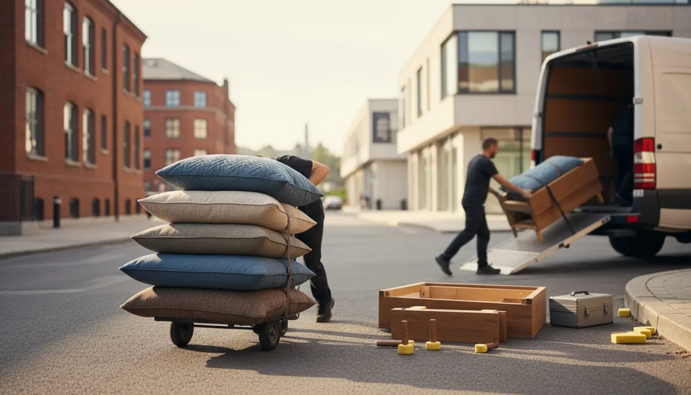 Adskilte sofas dele læsses i en åben flyttevogn på en rolig bygade.