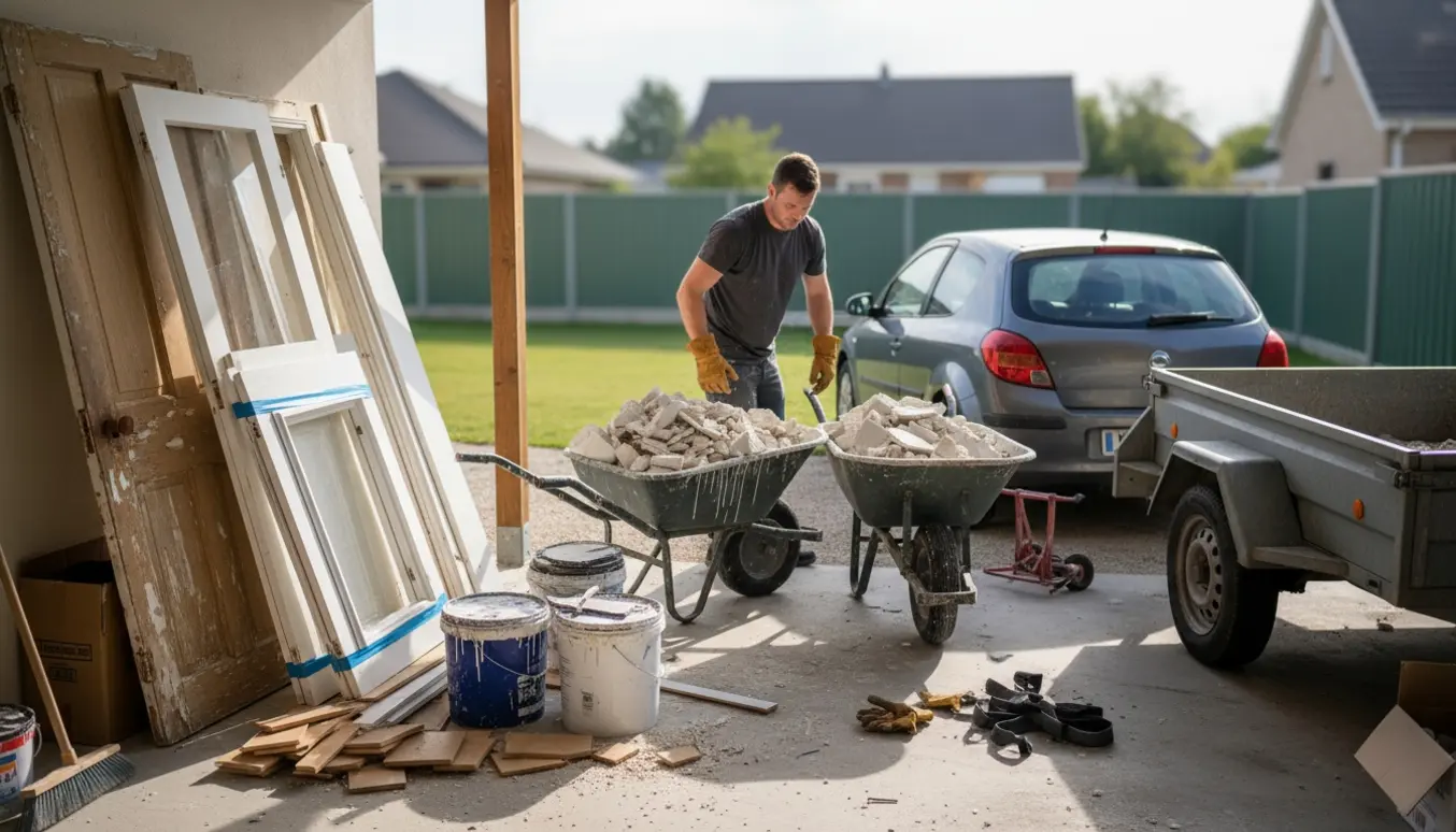 Byggeaffald i en carport med gamle døre, fodpaneler, karme, malerbøtter og trillebøre klar til bortkørsel.