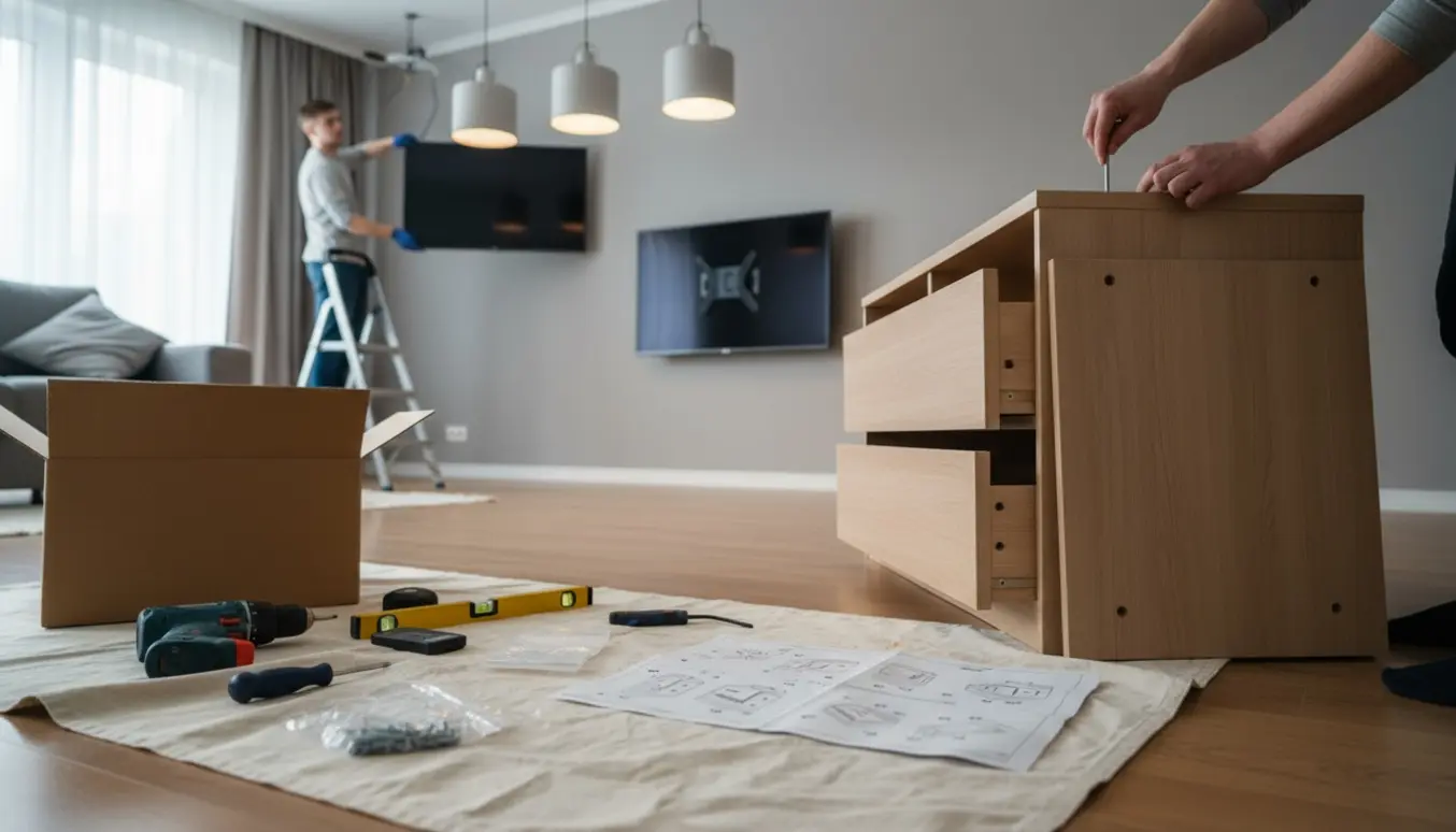 Værktøj og halvfærdig Ikea-kommode i stuen med tre vægmonterede tv'er og tre ophængte loftslamper.