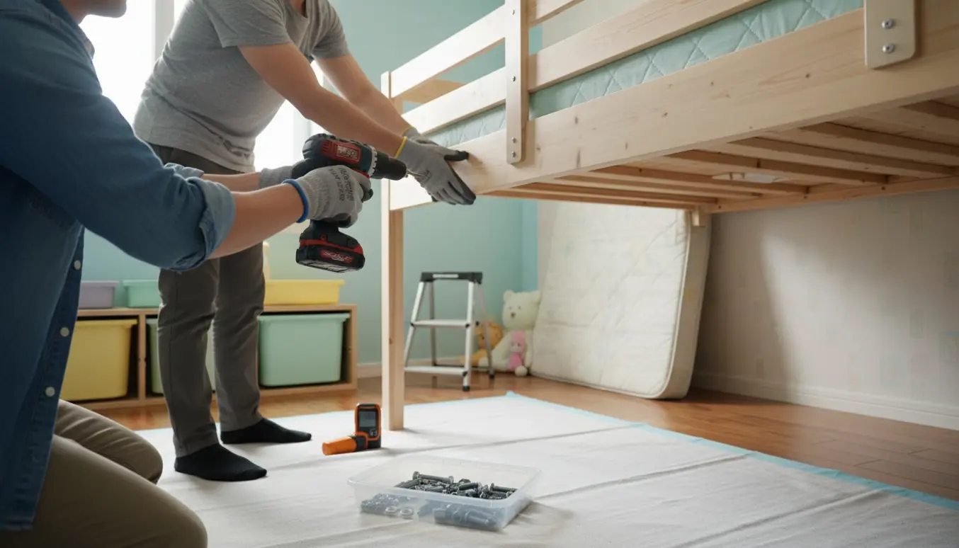 To personer demonterer en vægmonteret køjeseng med boremaskine og værktøj i et lyst børneværelse.